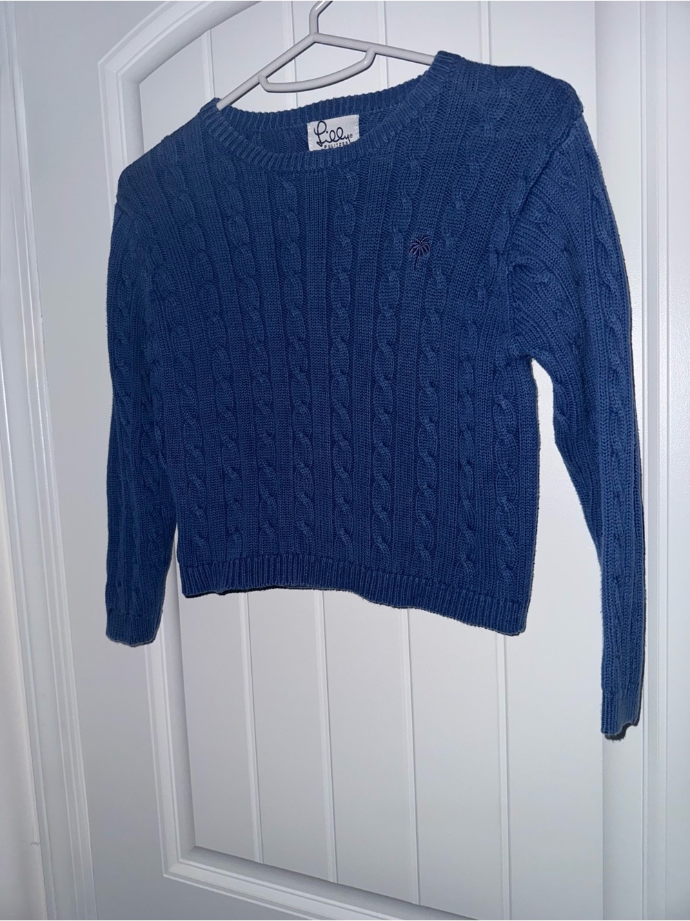 Vintage Lilly Pulitzer Blue Cable Knit Cotton Sweater Size 6 Palm Logo